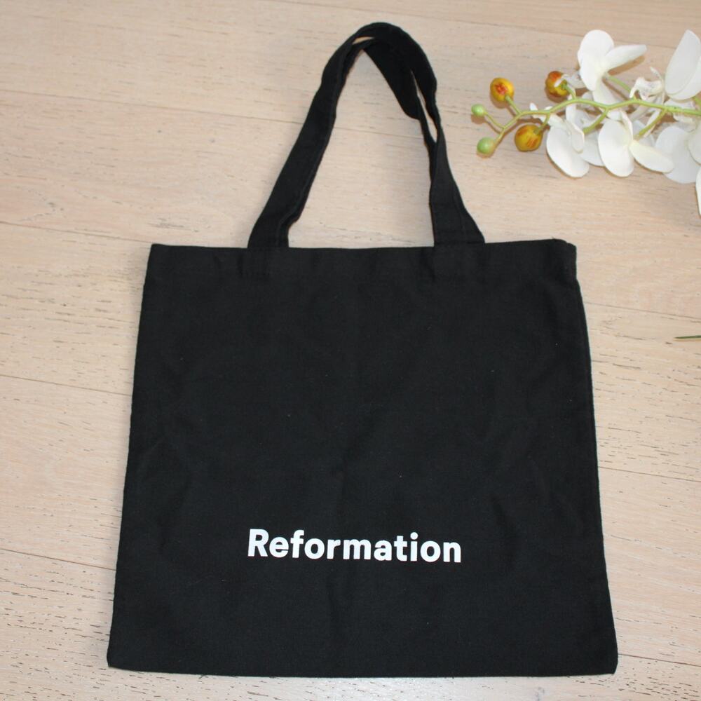 REFORMATION Canvas Tote Bag in Black with White Logo Print